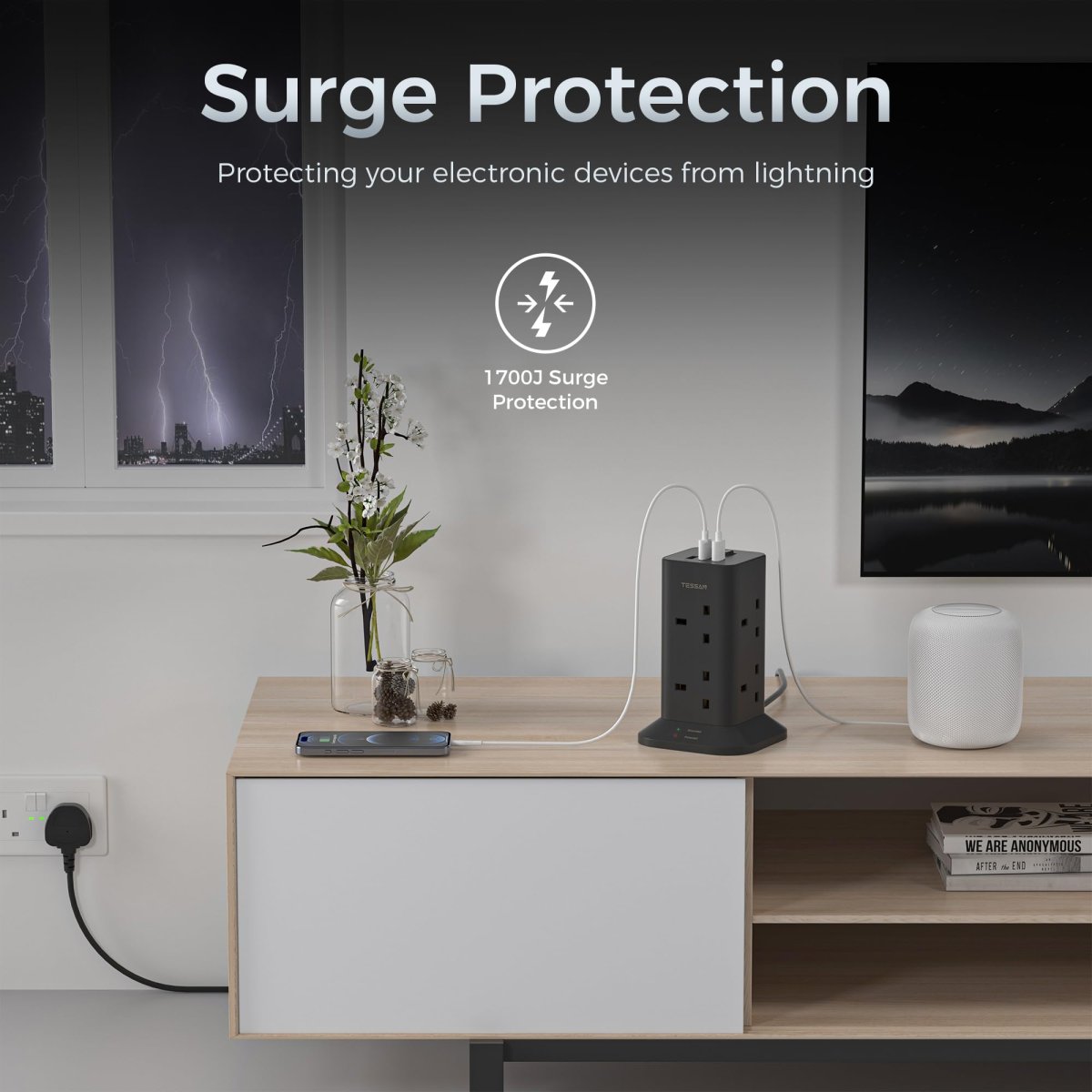 TESSAN UK Black Socket Tower 8 Outlet Plug Extension with 2 USB-A & 1 USB-C Ports