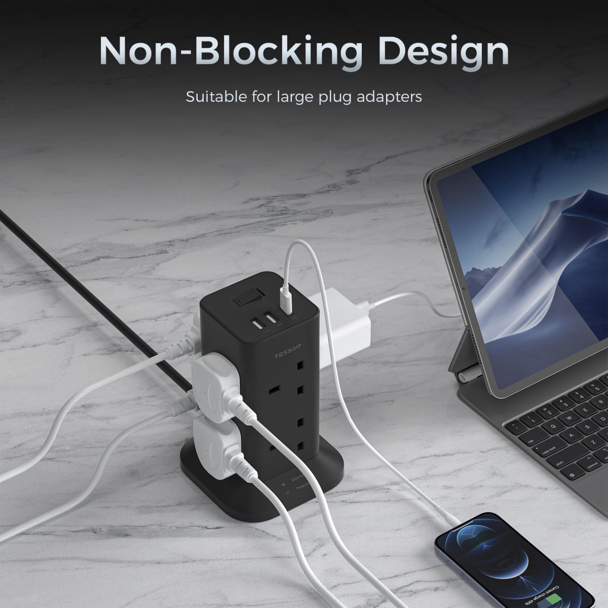 TESSAN UK Black Socket Tower 8 Outlet Plug Extension with 2 USB-A & 1 USB-C Ports