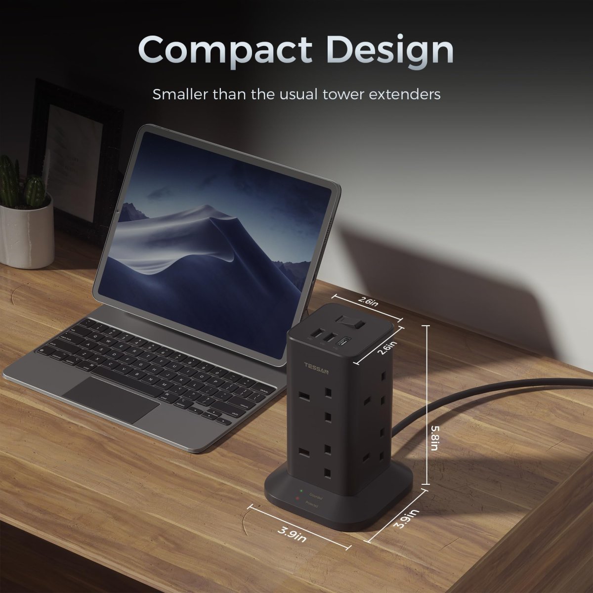 TESSAN UK Black Socket Tower 8 Outlet Plug Extension with 2 USB-A & 1 USB-C Ports