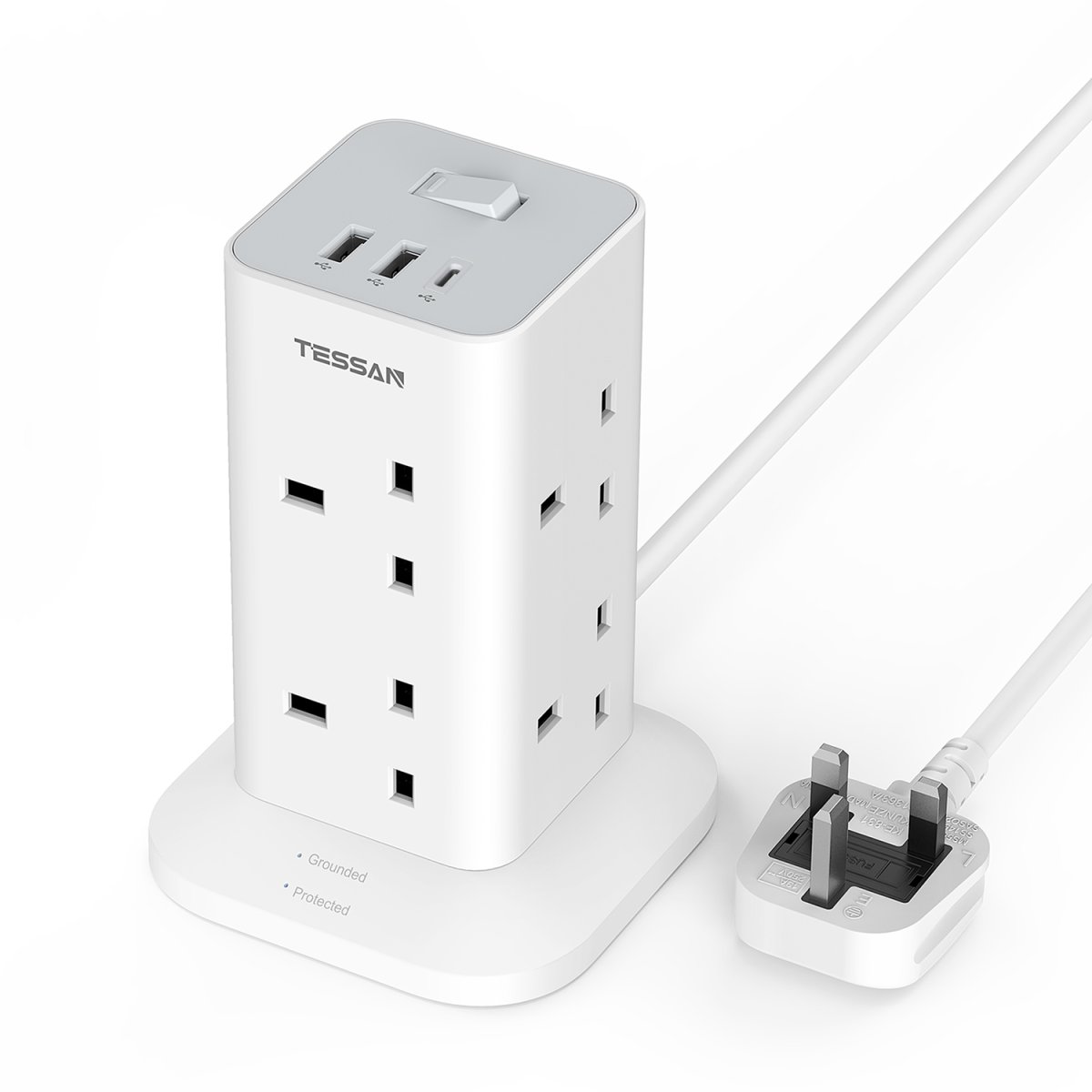 TESSAN UK Extension Cord Tower 8 Ways Socket Outlet with 2 USB-A & 1 USB-C Ports