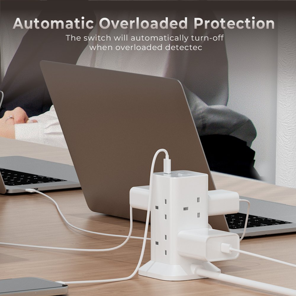 TESSAN UK Extension Cord Tower 8 Ways Socket Outlet with 2 USB-A & 1 USB-C Ports