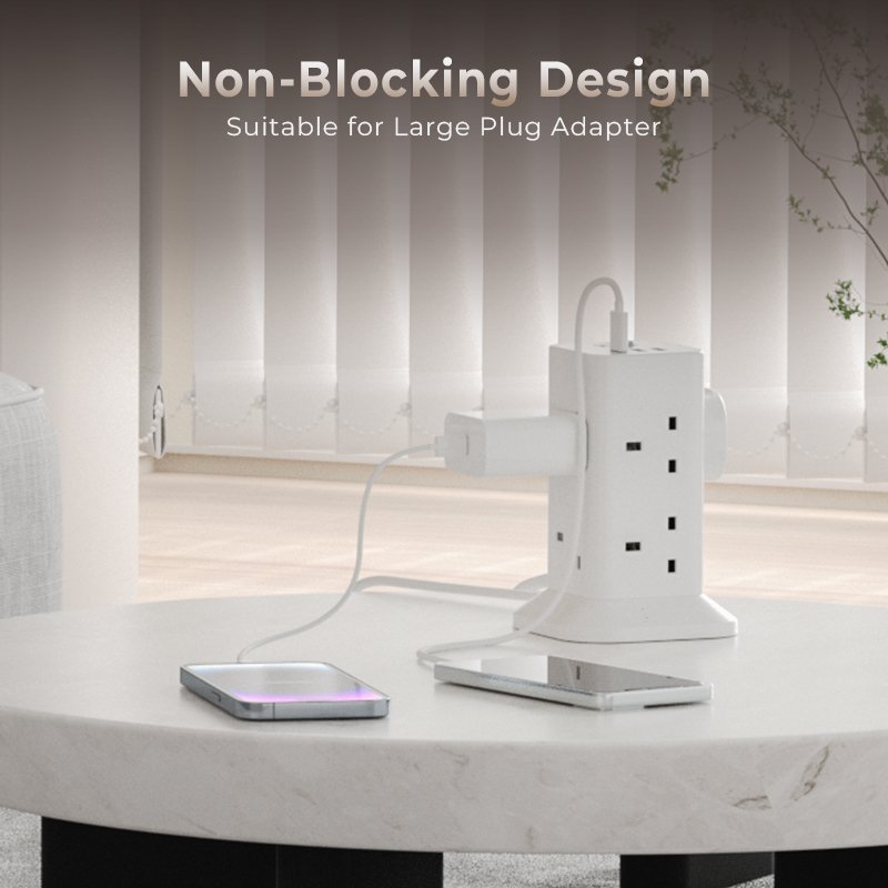TESSAN UK Extension Cord Tower 8 Ways Socket Outlet with 2 USB-A & 1 USB-C Ports