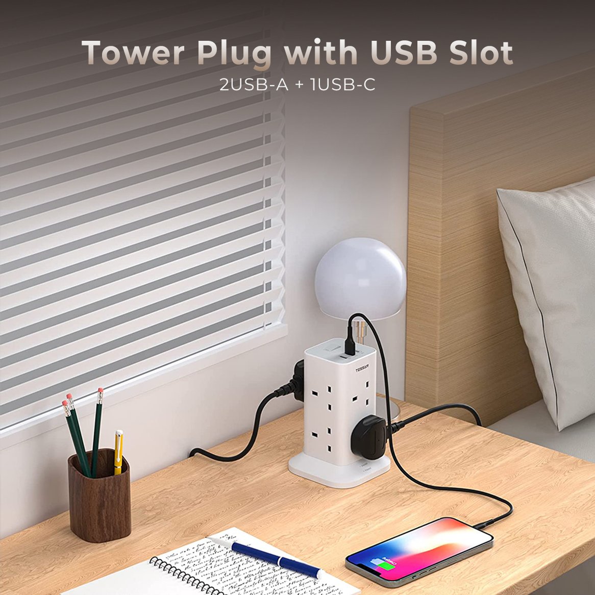 TESSAN UK Extension Cord Tower 8 Ways Socket Outlet with 2 USB-A & 1 USB-C Ports