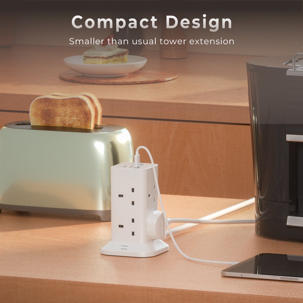 TESSAN UK Extension Cord Tower 8 Ways Socket Outlet with 2 USB-A & 1 USB-C Ports