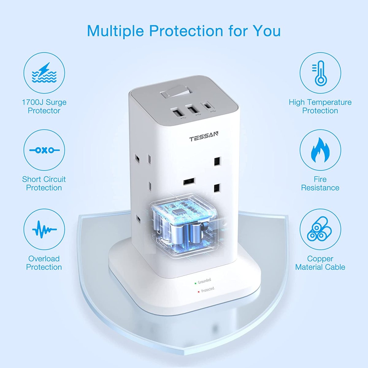 TESSAN UK Extension Cord Tower 8 Ways Socket Outlet with 2 USB-A & 1 USB-C Ports