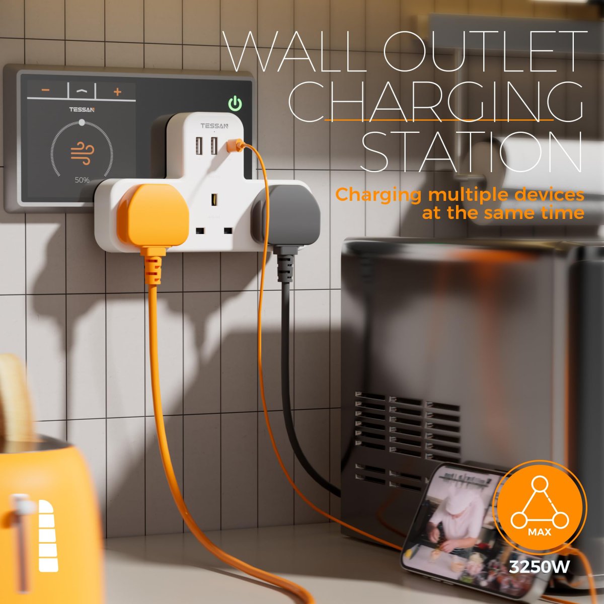 TESSAN UK Extension Wall Plug with 3 AC Outlets, 2 USB-A and 1 USB-C Ports