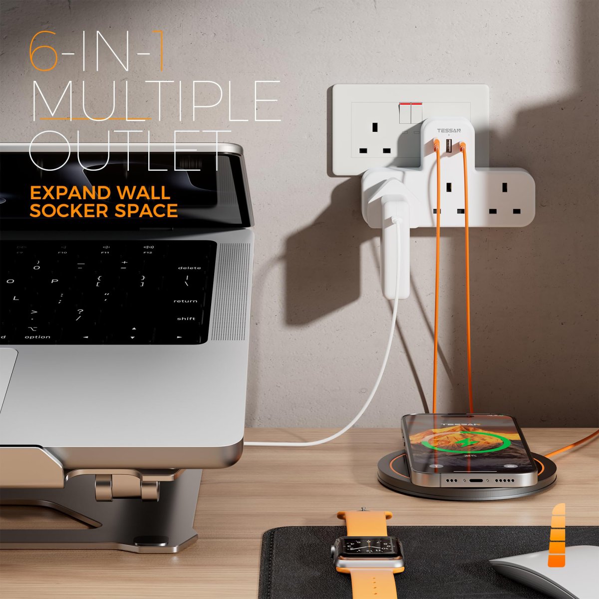 TESSAN UK Extension Wall Plug with 3 AC Outlets, 2 USB-A and 1 USB-C Ports