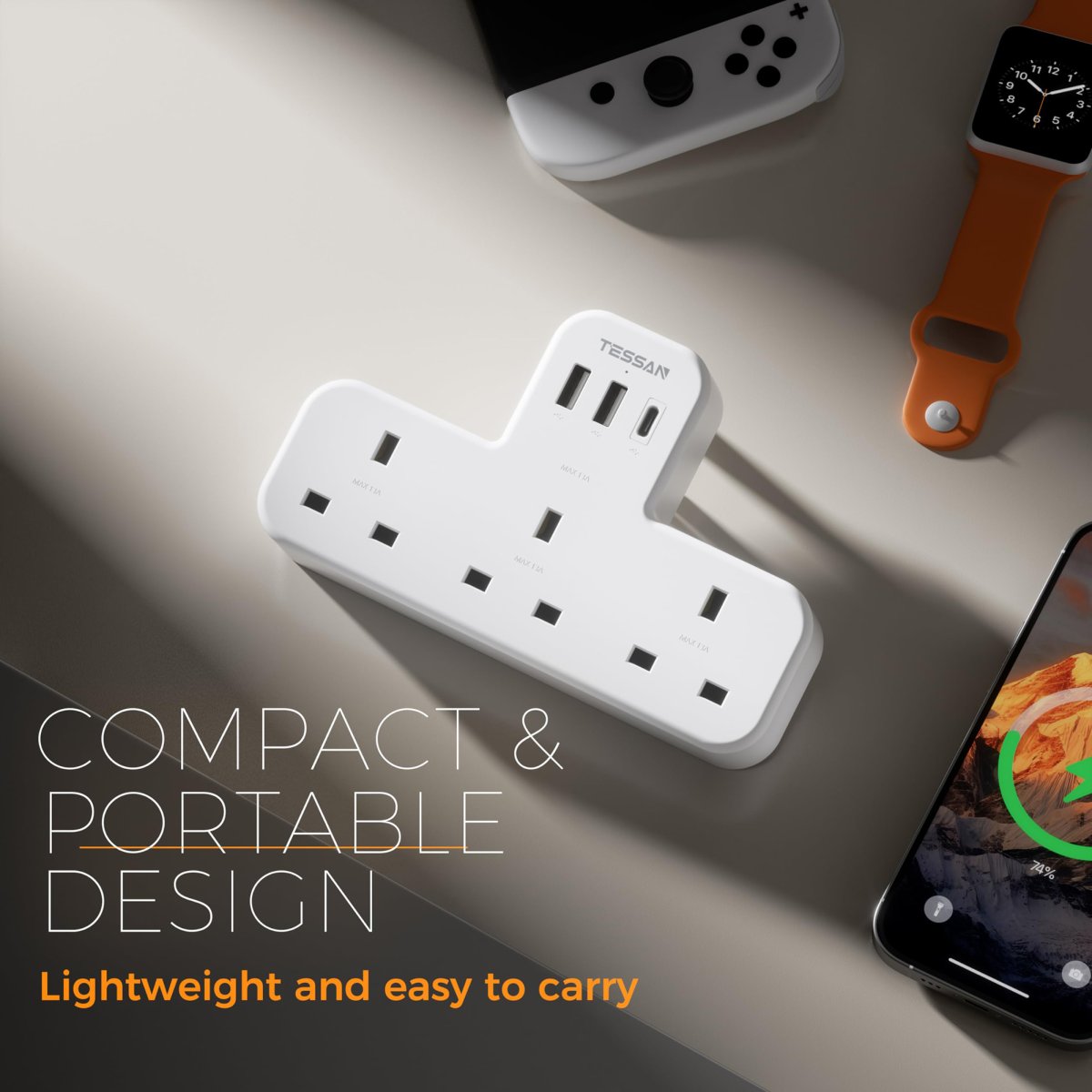TESSAN UK Extension Wall Plug with 3 AC Outlets, 2 USB-A and 1 USB-C Ports