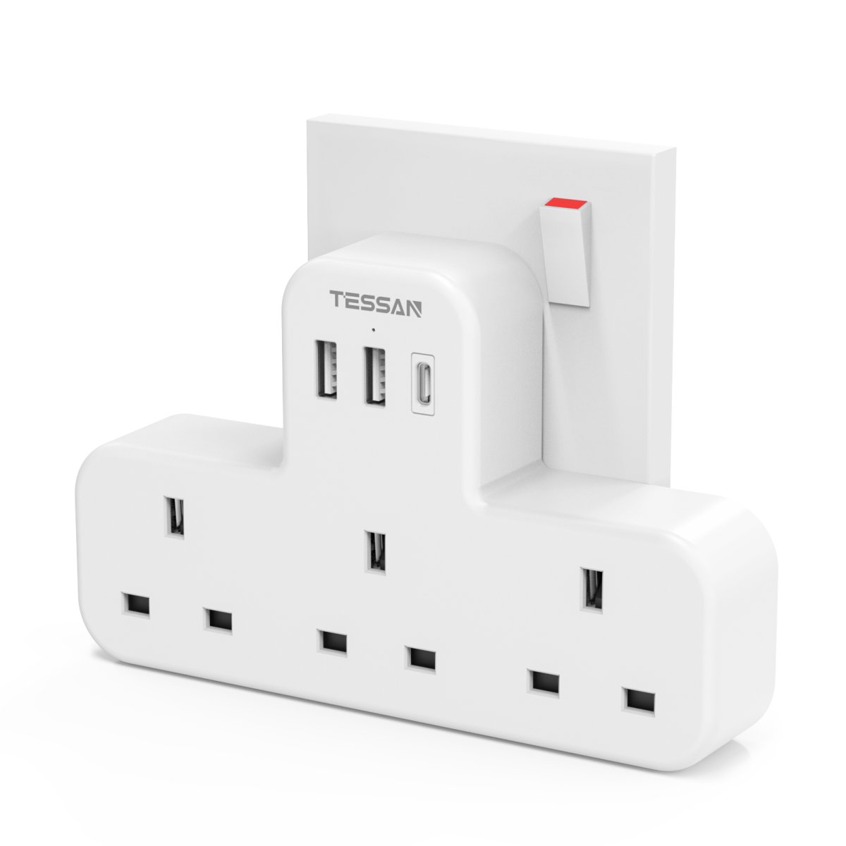 TESSAN UK Extension Wall Plug with 3 AC Outlets, 2 USB-A and 1 USB-C Ports
