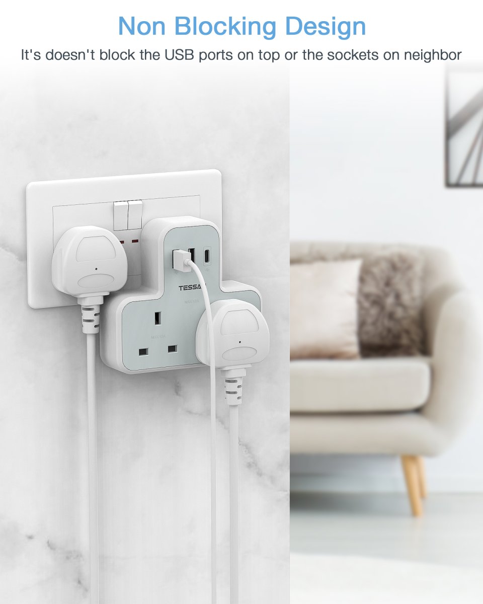 TESSAN UK Plug 2 AC Outlets Socket Multi Plug Extension Wall Adapter with 1 USB C and 2 USB Ports