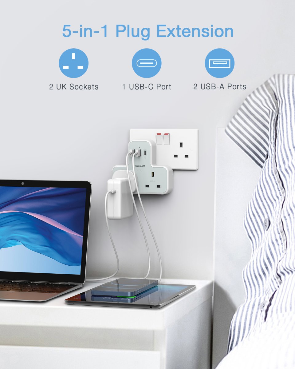 TESSAN UK Plug 2 AC Outlets Socket Multi Plug Extension Wall Adapter with 1 USB C and 2 USB Ports