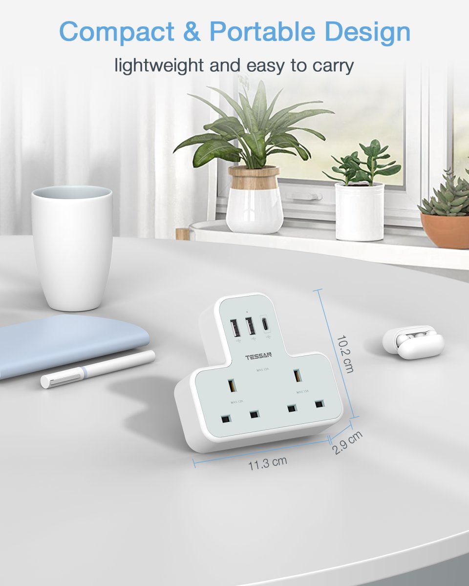 TESSAN UK Plug 2 AC Outlets Socket Multi Plug Extension Wall Adapter with 1 USB C and 2 USB Ports
