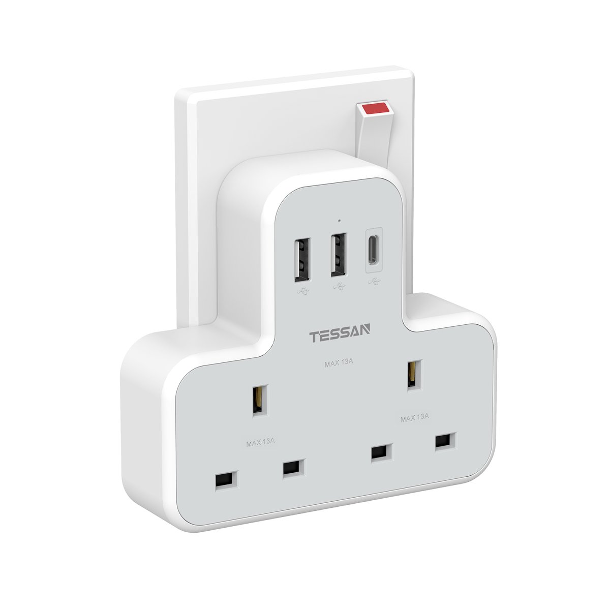 TESSAN UK Plug 2 AC Outlets Socket Multi Plug Extension Wall Adapter with 1 USB C and 2 USB Ports