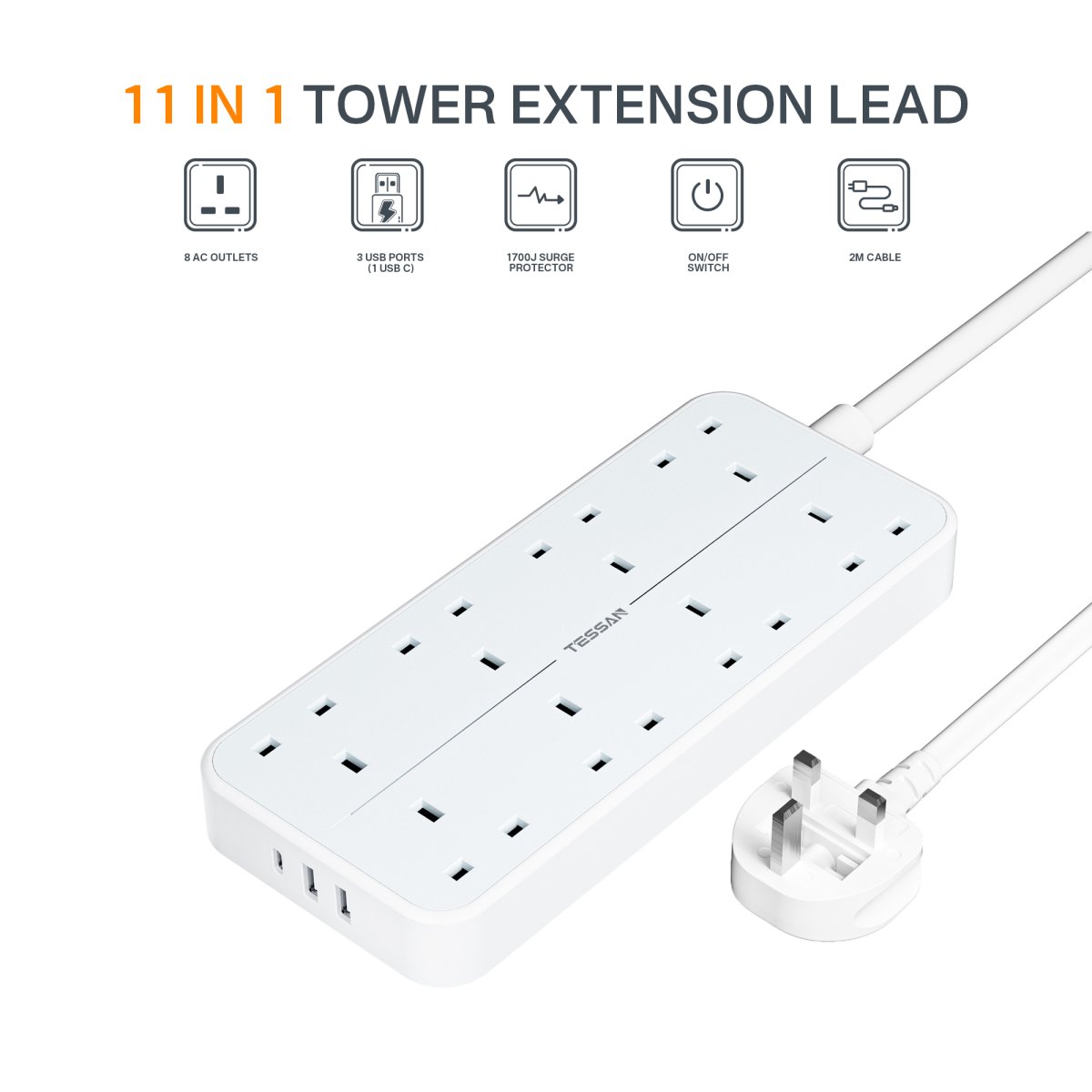 TESSAN UK Plug Power Strip 13A 8 Ways Outlet Socket Multi Plug Extension Cords