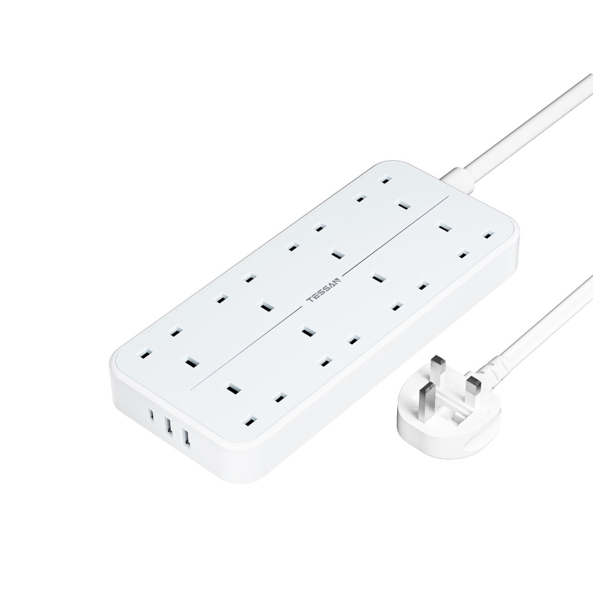 TESSAN UK Plug Power Strip 13A 8 Ways Outlet Socket Multi Plug Extension Cords