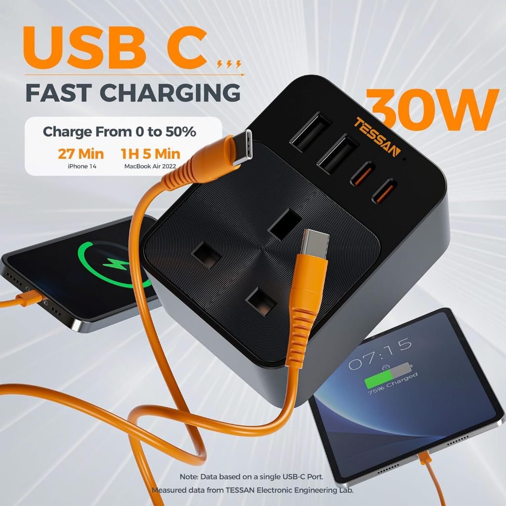TESSAN UK Surge Protection PD30W Wall Plug Socket Extension Power Adapter Multi Charger