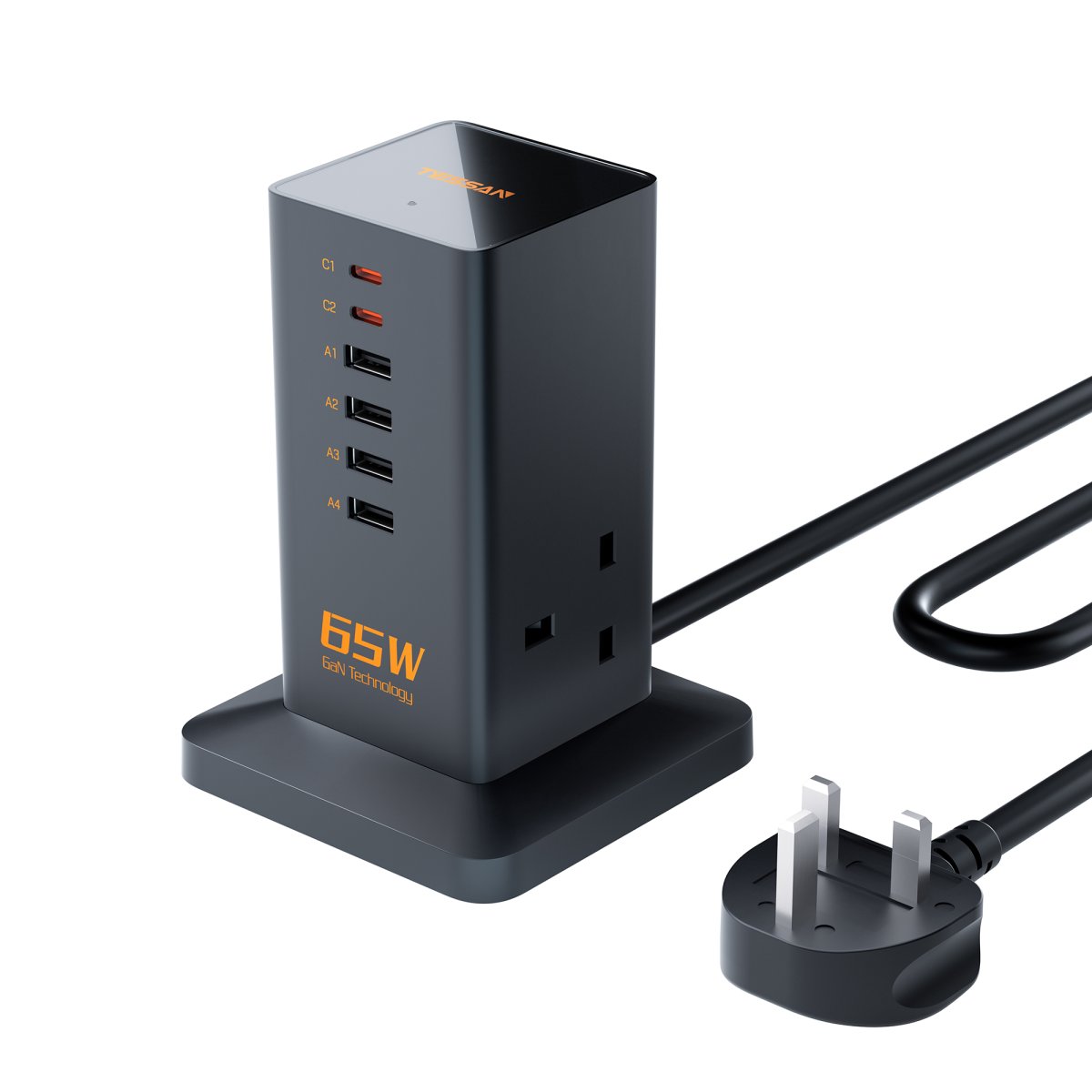 TESSAN UK/SG/MY 65W GaN Charger Multiple Extension Cord Extension Tower with USB C Charging Station
