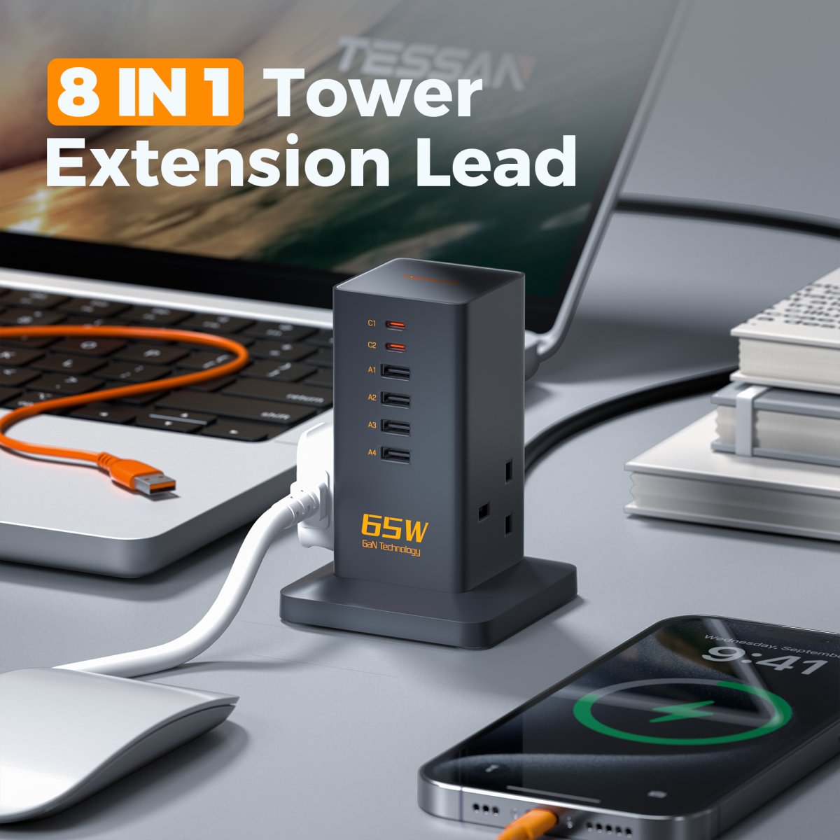 TESSAN UK/SG/MY 65W GaN Charger Multiple Extension Cord Extension Tower with USB C Charging Station