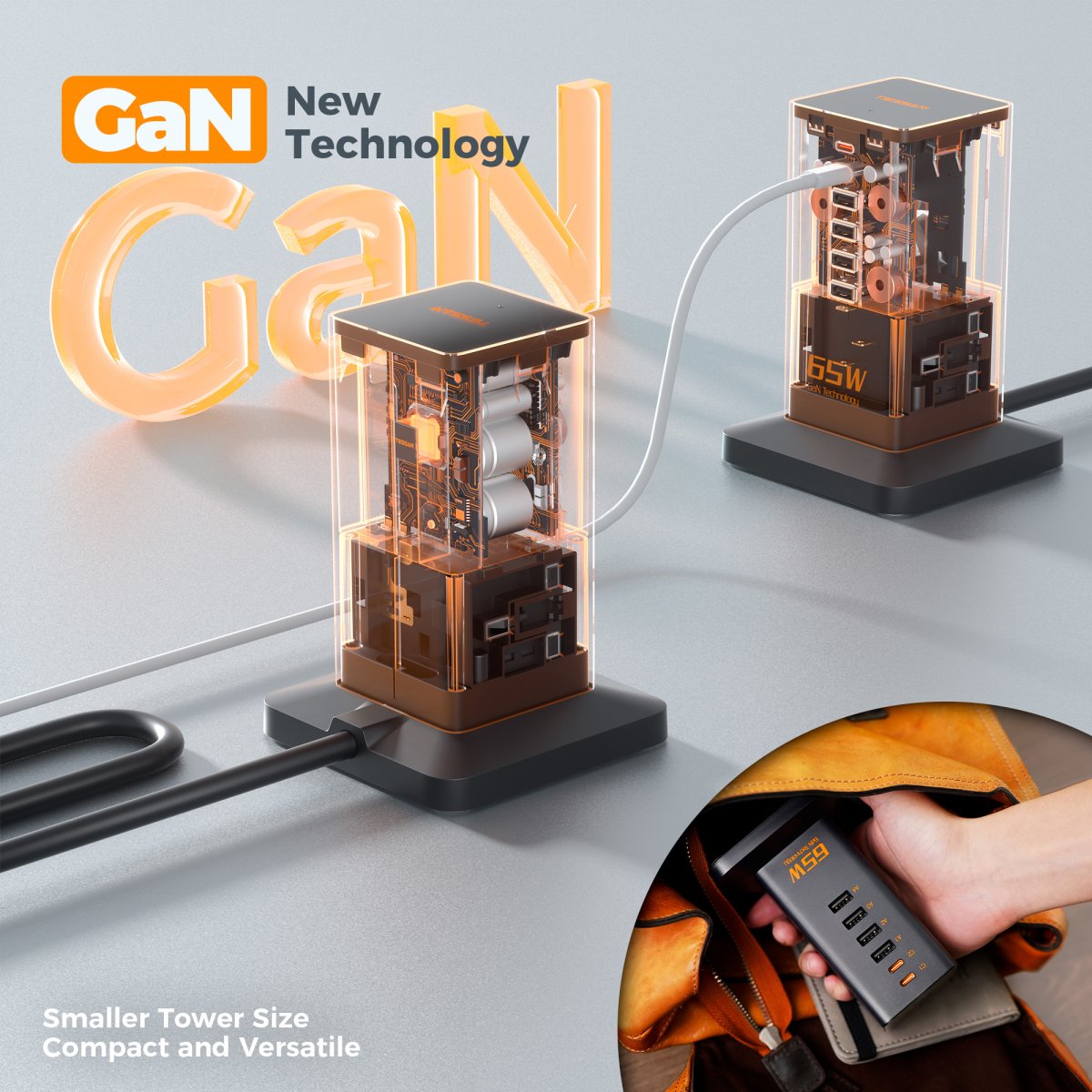 TESSAN UK/SG/MY 65W GaN Charger Multiple Extension Cord Extension Tower with USB C Charging Station