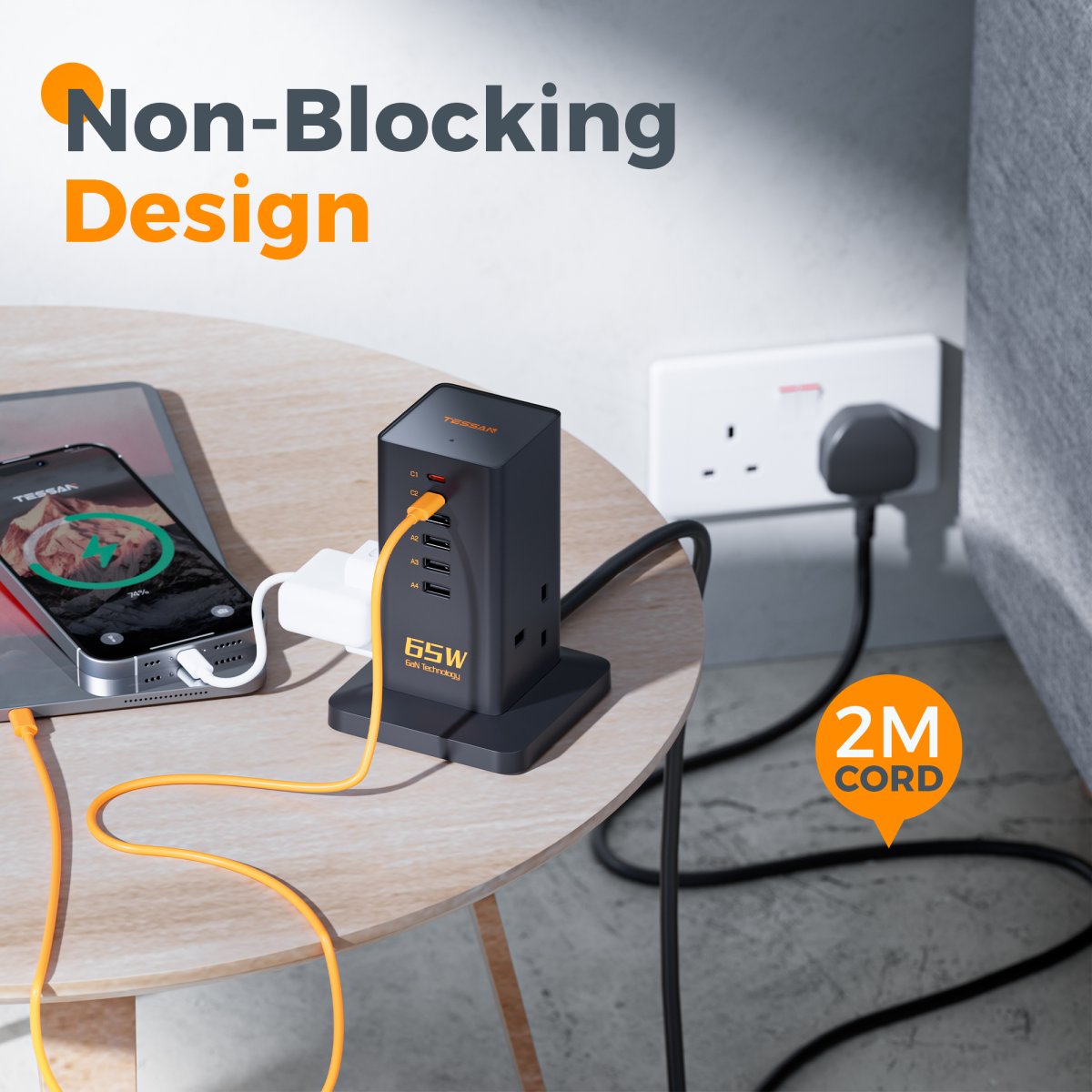 TESSAN UK/SG/MY 65W GaN Charger Multiple Extension Cord Extension Tower with USB C Charging Station