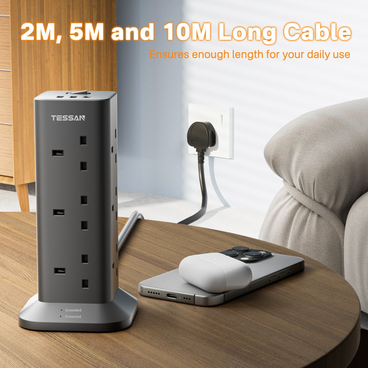 TESSAN UK/SG/MY Black Socket Tower 12 Ways Outlet Extension Plug with 2 USB and 1 Type-C