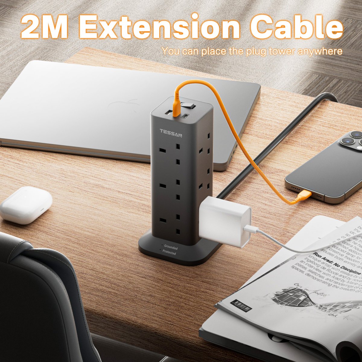 TESSAN UK/SG/MY Black Socket Tower 12 Ways Outlet Extension Plug with 2 USB and 1 Type-C