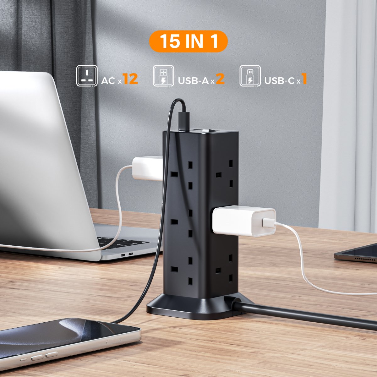 TESSAN UK/SG/MY Black Socket Tower 12 Ways Outlet Extension Plug with 2 USB and 1 Type-C