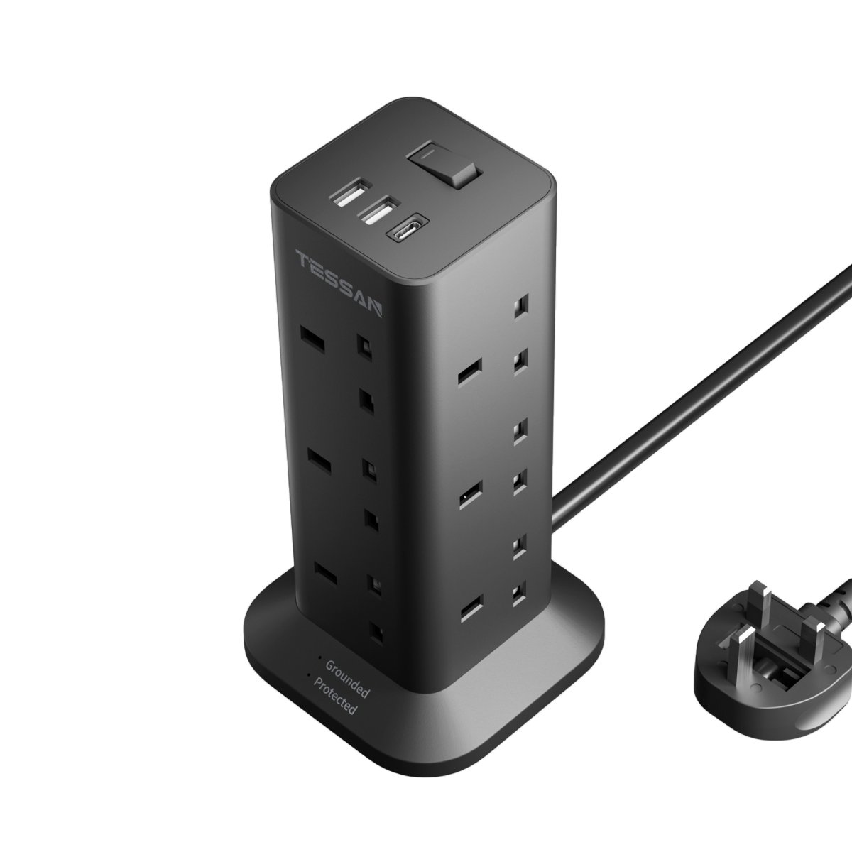 TESSAN UK/SG/MY Black Socket Tower 12 Ways Outlet Extension Plug with 2 USB and 1 Type-C