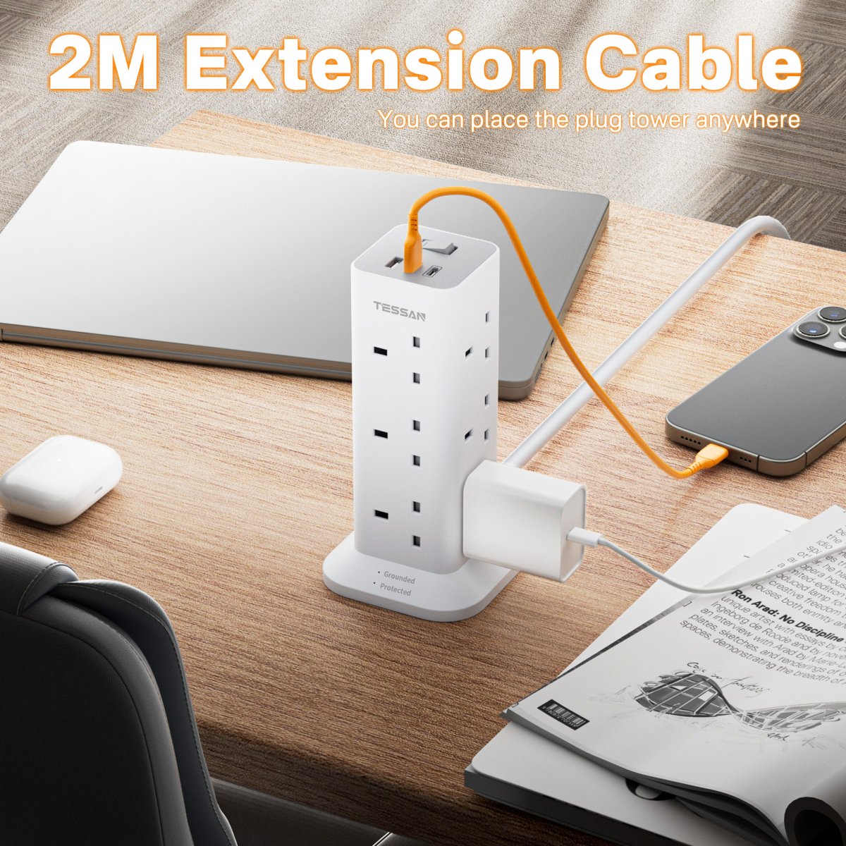 TESSAN UK/SG/MY Extension Tower 12 Ways Socket Outlet Plug with 2 USB-A & 1 USB-C Ports