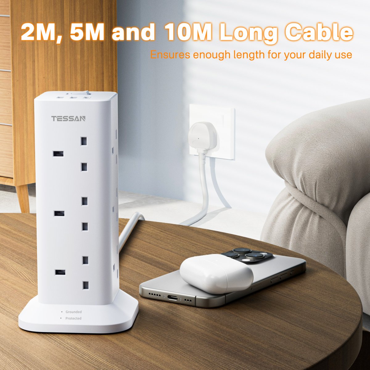 TESSAN UK/SG/MY Extension Tower 12 Ways Socket Outlet Plug with 2 USB-A & 1 USB-C Ports