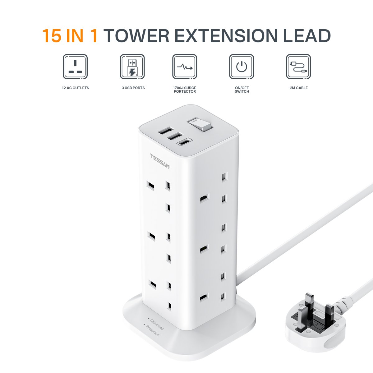 TESSAN UK/SG/MY Extension Tower 12 Ways Socket Outlet Plug with 2 USB-A & 1 USB-C Ports