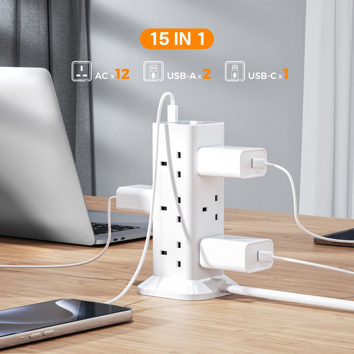 TESSAN UK/SG/MY Extension Tower 12 Ways Socket Outlet Plug with 2 USB-A & 1 USB-C Ports