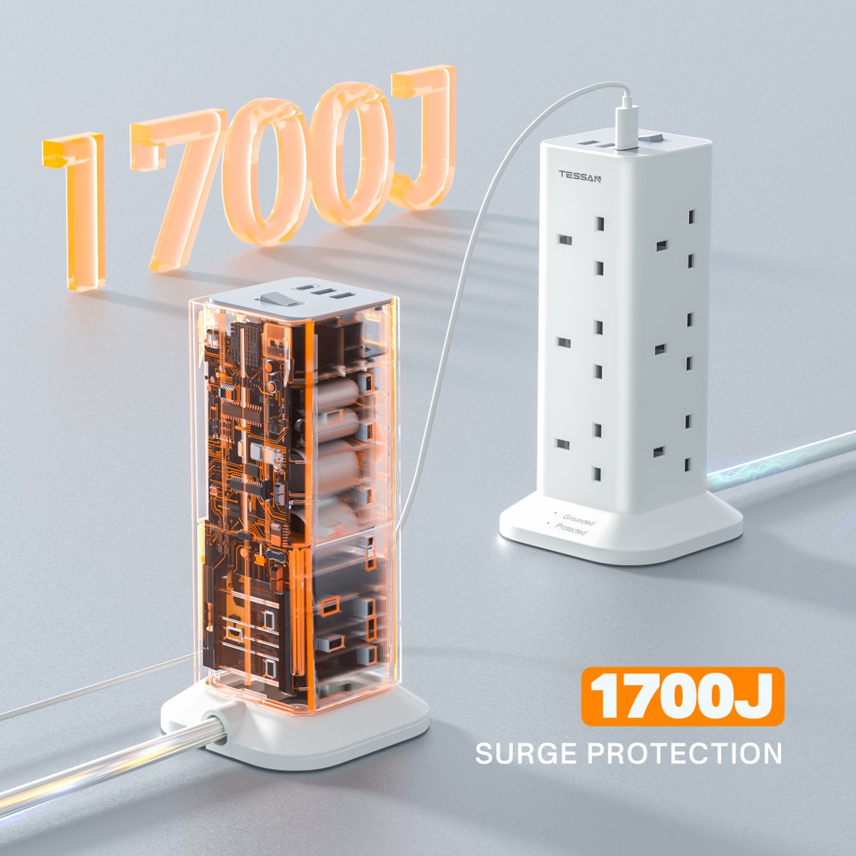 TESSAN UK/SG/MY Extension Tower 12 Ways Socket Outlet Plug with 2 USB-A & 1 USB-C Ports