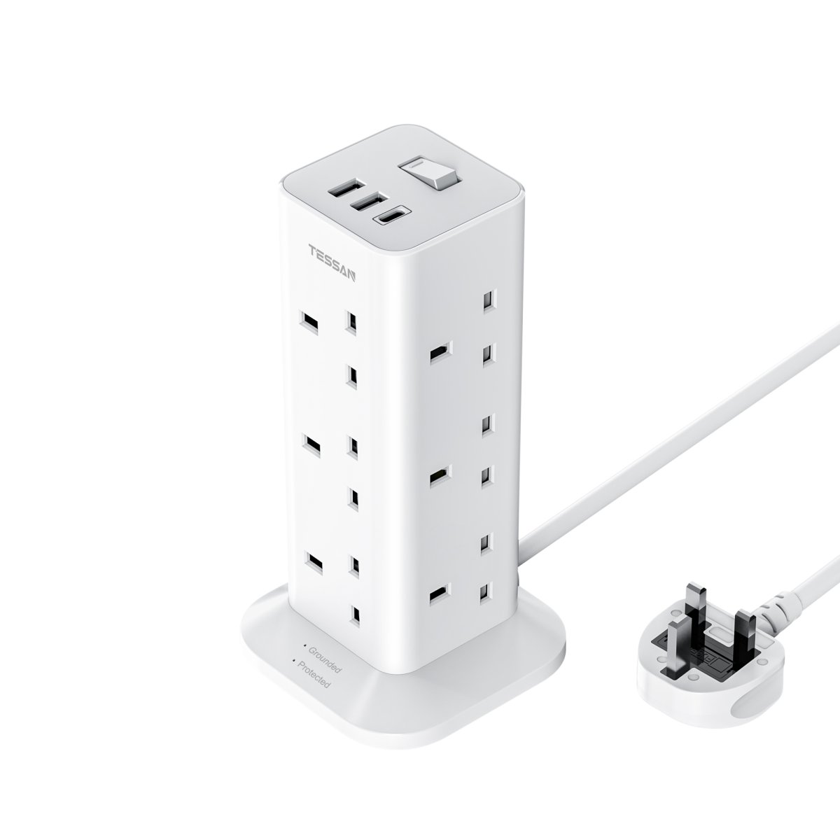 TESSAN UK/SG/MY Extension Tower 12 Ways Socket Outlet Plug with 2 USB-A & 1 USB-C Ports