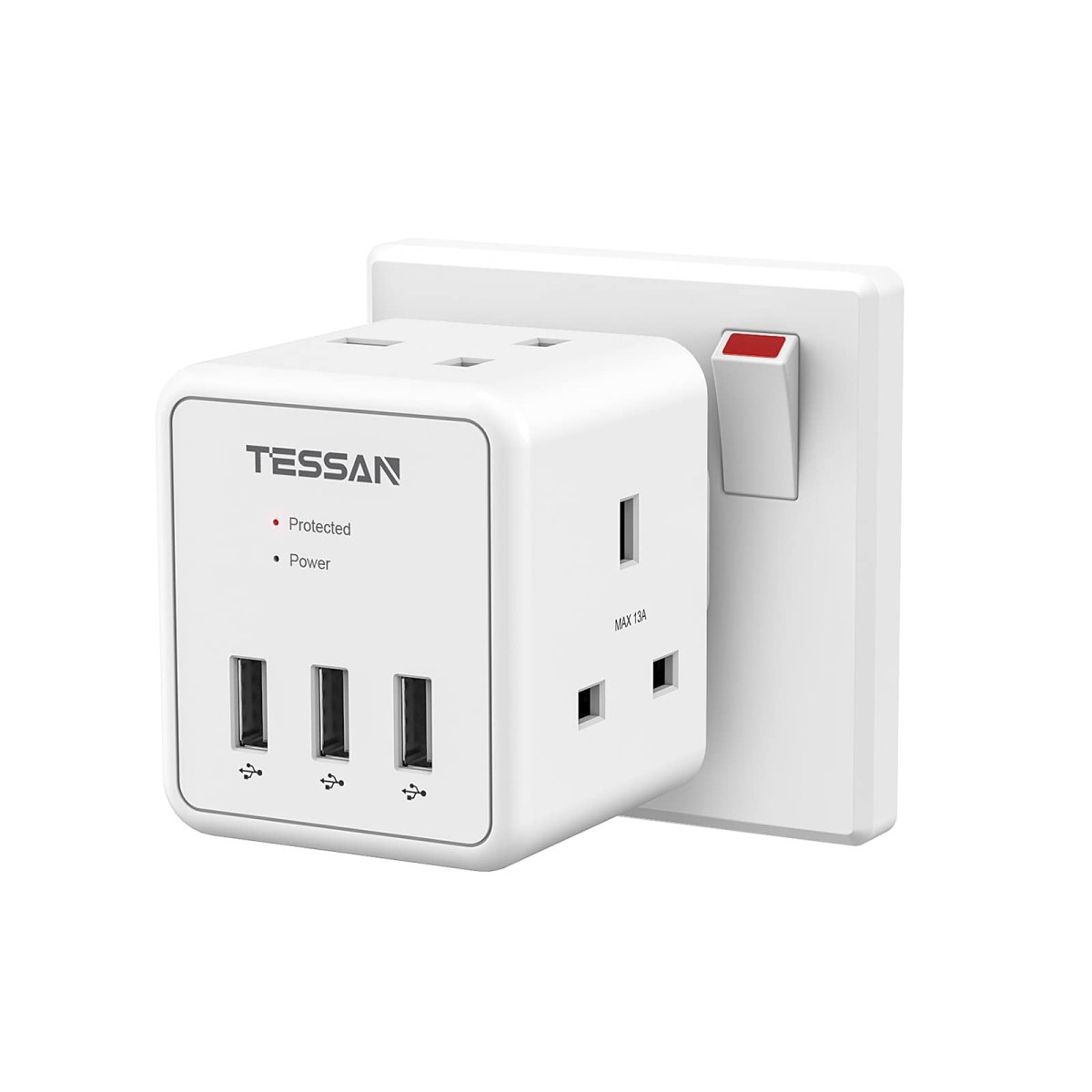 TESSAN UK/UAE/KSA 5 in 1 Cube Wall Plug Extension with 2 AC Sockets and 3 USB Ports