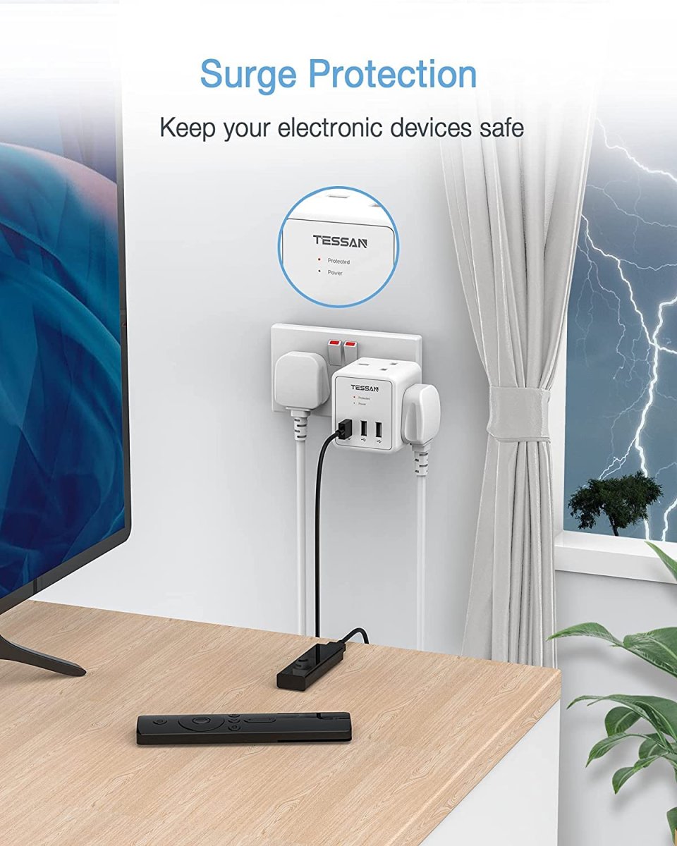 TESSAN UK/UAE/KSA 5 in 1 Cube Wall Plug Extension with 2 AC Sockets and 3 USB Ports
