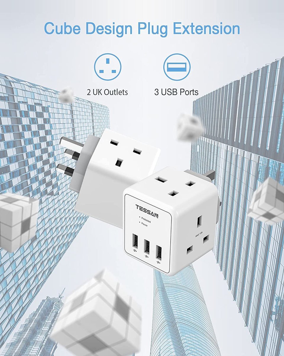 TESSAN UK/UAE/KSA 5 in 1 Cube Wall Plug Extension with 2 AC Sockets and 3 USB Ports