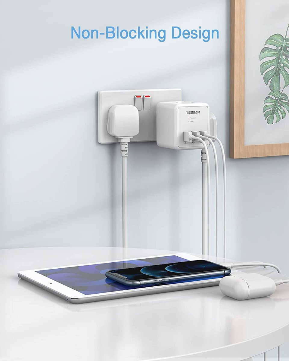 TESSAN UK/UAE/KSA 5 in 1 Cube Wall Plug Extension with 2 AC Sockets and 3 USB Ports