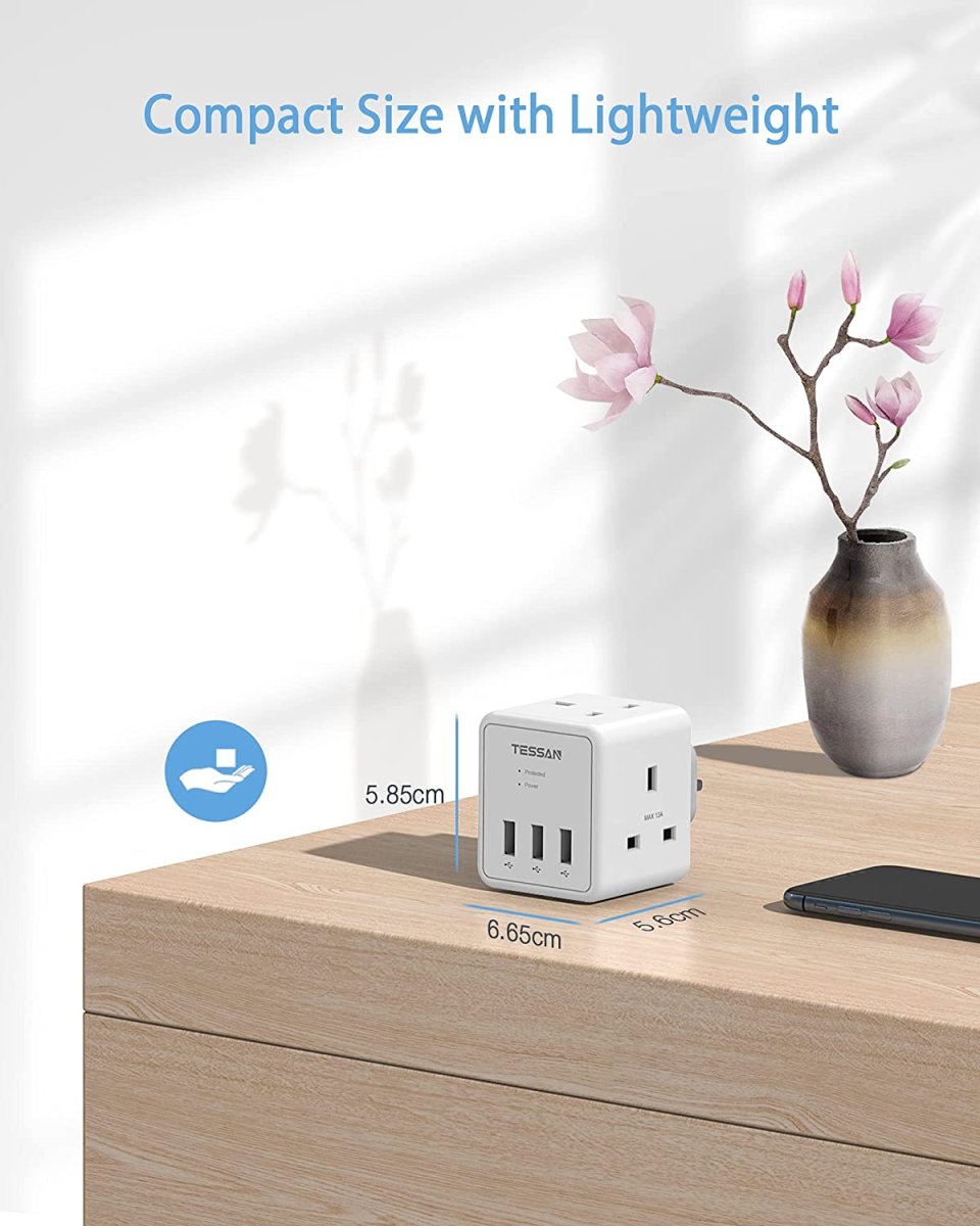 TESSAN UK/UAE/KSA 5 in 1 Cube Wall Plug Extension with 2 AC Sockets and 3 USB Ports