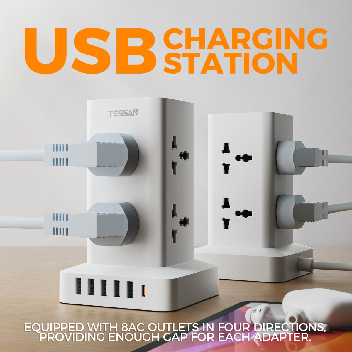 TESSAN Universal 14 in 1 Power Strip Tower With 5 USB-A 1 Type-C Port Overload Protector