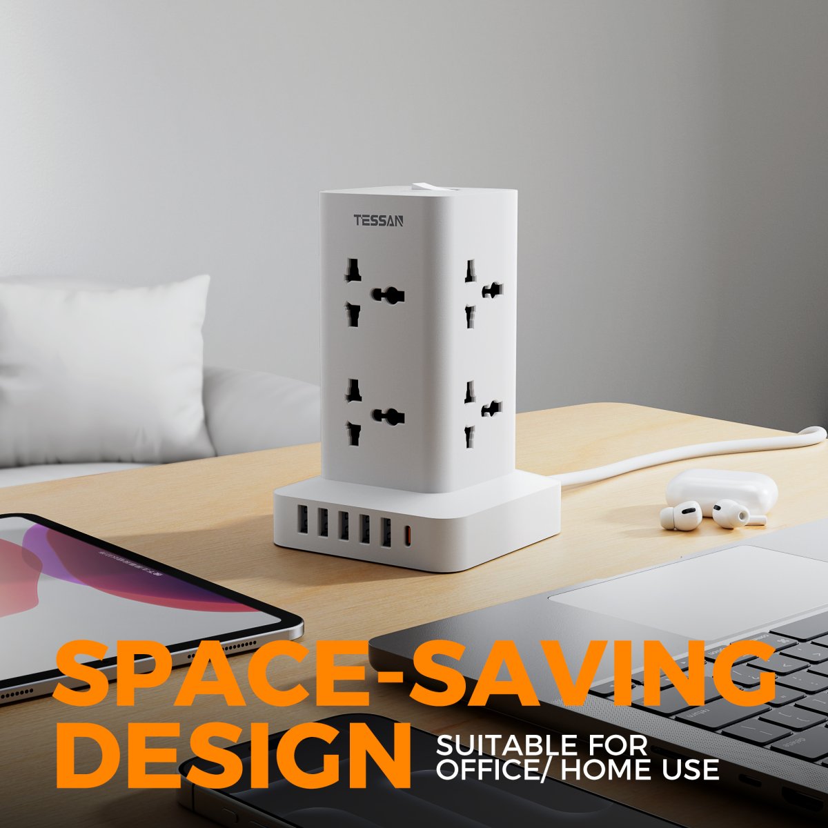 TESSAN Universal 14 in 1 Power Strip Tower With 5 USB-A 1 Type-C Port Overload Protector