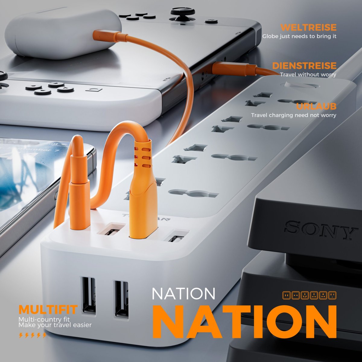 TESSAN Universal UK/UAE/KSA/SG Flat Extension Cord With 5 USB-A 1 Type-C Port Overload Protector