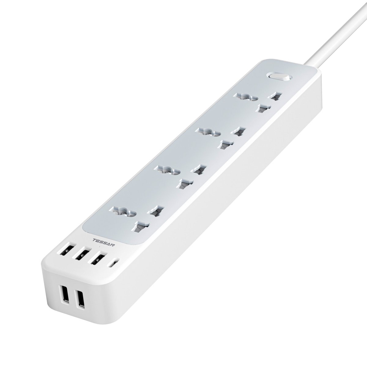 TESSAN Universal UK/UAE/KSA/SG Flat Extension Cord With 5 USB-A 1 Type-C Port Overload Protector