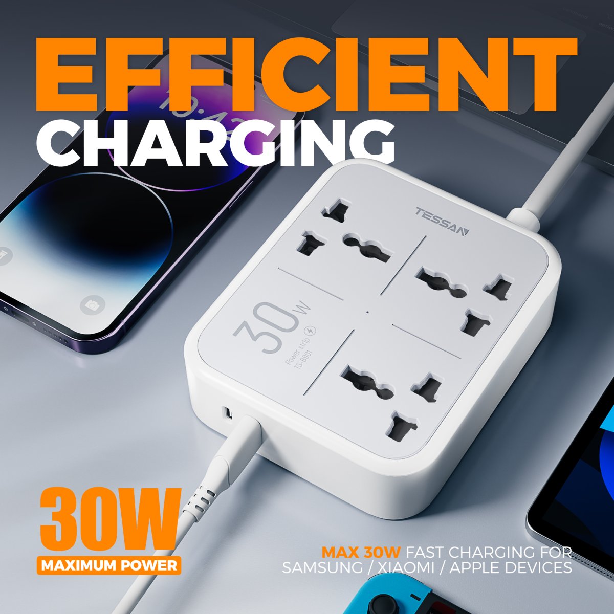 TESSAN Universal UK/UAE/KSA/SG PD Fast Charging 30W Flat Extension Cord/Overload Protector