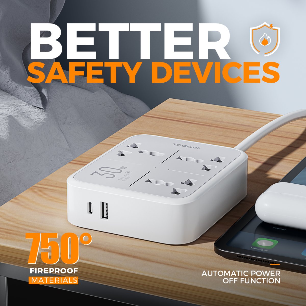 TESSAN Universal UK/UAE/KSA/SG PD Fast Charging 30W Flat Extension Cord/Overload Protector