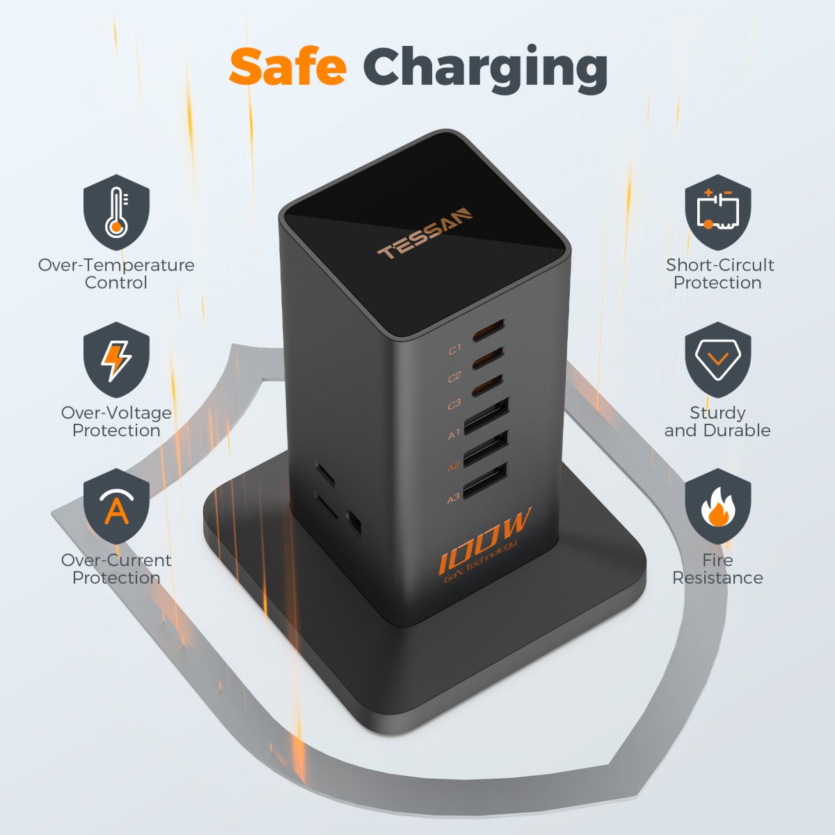 Tessan US/ Canada/ Mexico 100W 6-in-1 Charging Station for Multiple Devices, Desktop Tower Charger with 6 USB Ports
