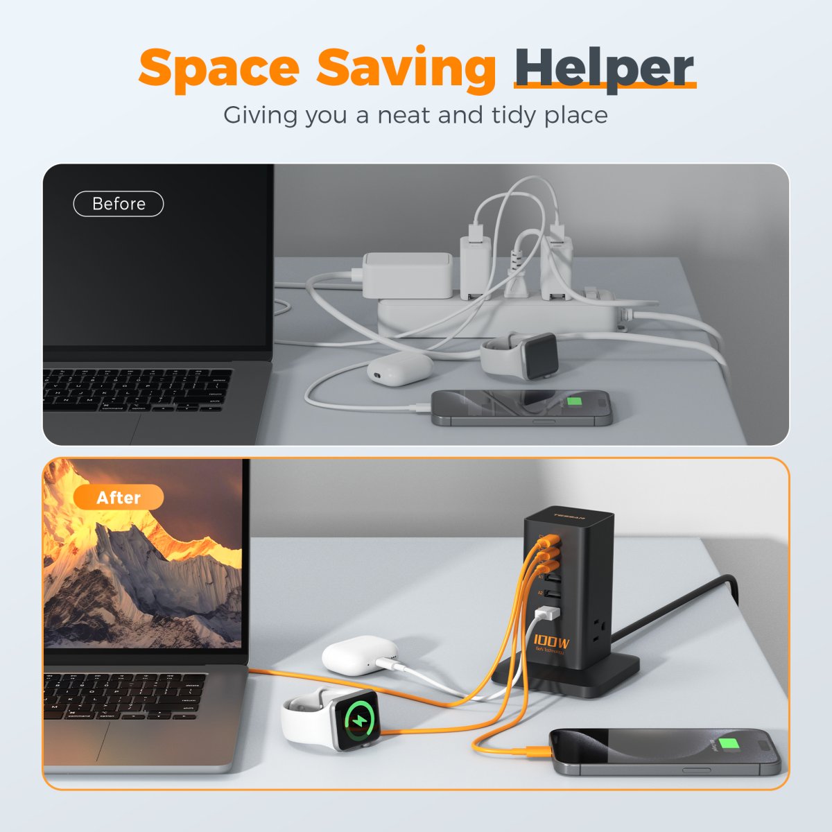 Tessan US/ Canada/ Mexico 100W 6-in-1 Charging Station for Multiple Devices, Desktop Tower Charger with 6 USB Ports