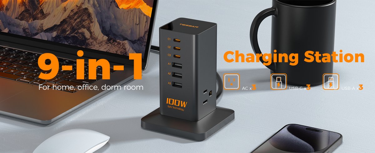 Tessan US/ Canada/ Mexico 100W 6-in-1 Charging Station for Multiple Devices, Desktop Tower Charger with 6 USB Ports