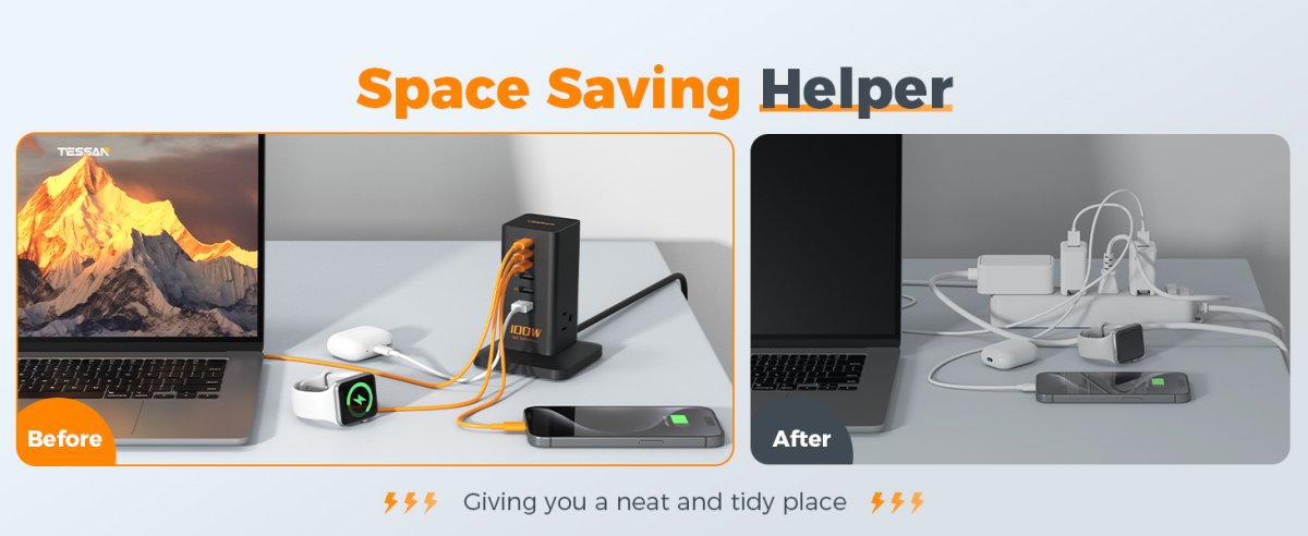 Tessan US/ Canada/ Mexico 100W 6-in-1 Charging Station for Multiple Devices, Desktop Tower Charger with 6 USB Ports