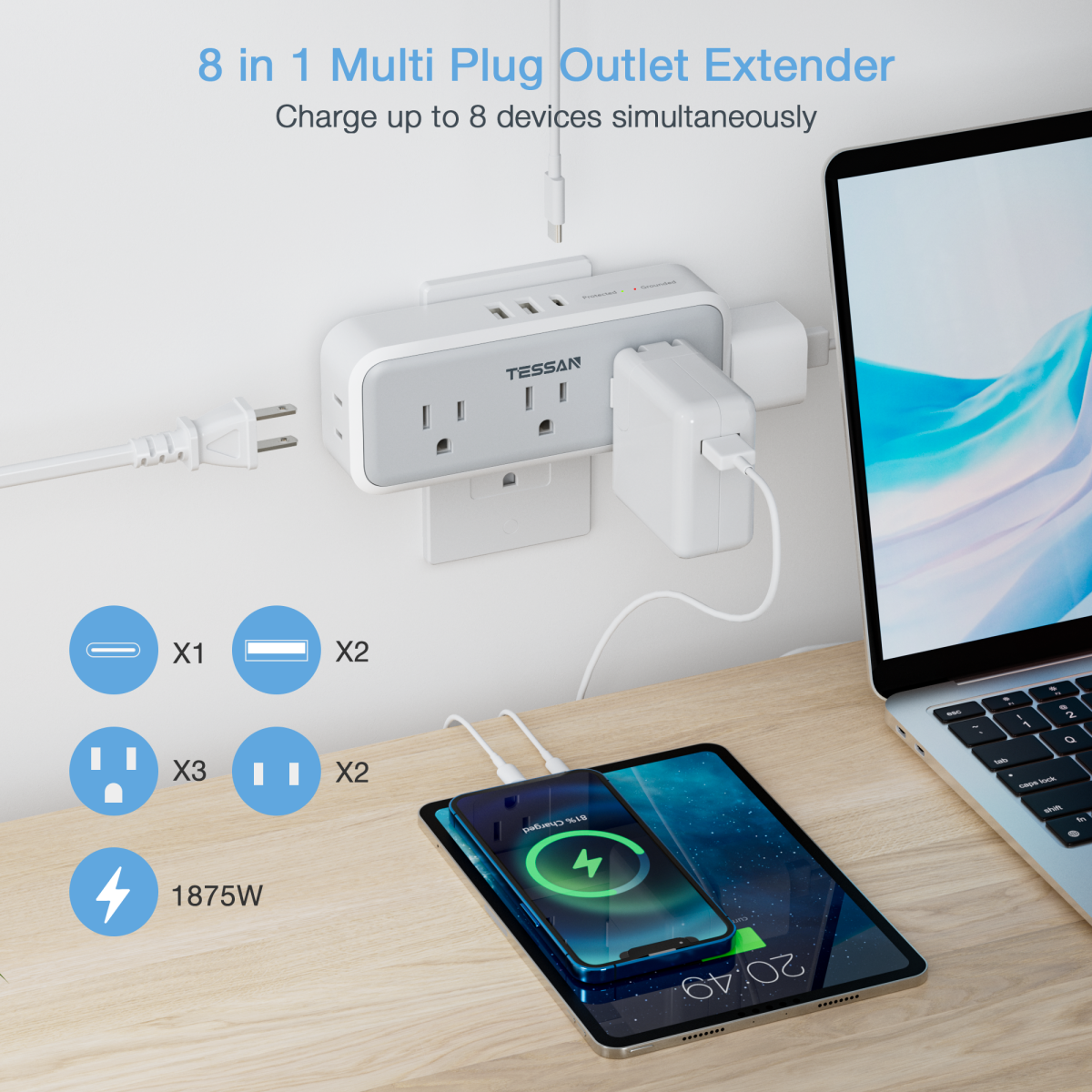 Tessan US/ Canada/ Mexico 15W Multi Outlet Extender, Surge Protection, Compact Design Saving Space